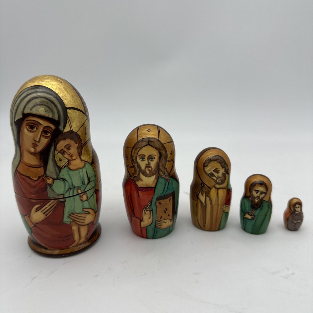 Vintage Russian Matryoshka Religious Nesting Dolls signed Mary Jesus 2001 6"